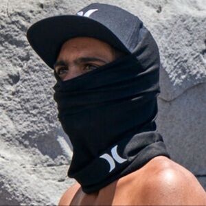 Hurley black gaiter, face mask, hood, scarf, hat